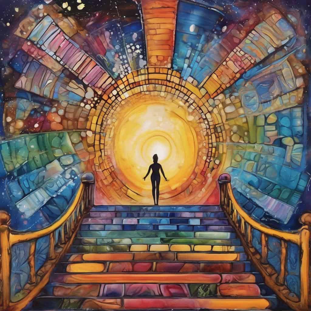 Πύλη προς γνώση και δύναμη, πρωτότυπη ζωγραφιά με φως και χρώματα, συναισθηματική ανθρωπόμορφη φιγούρα σε διάδρομο.