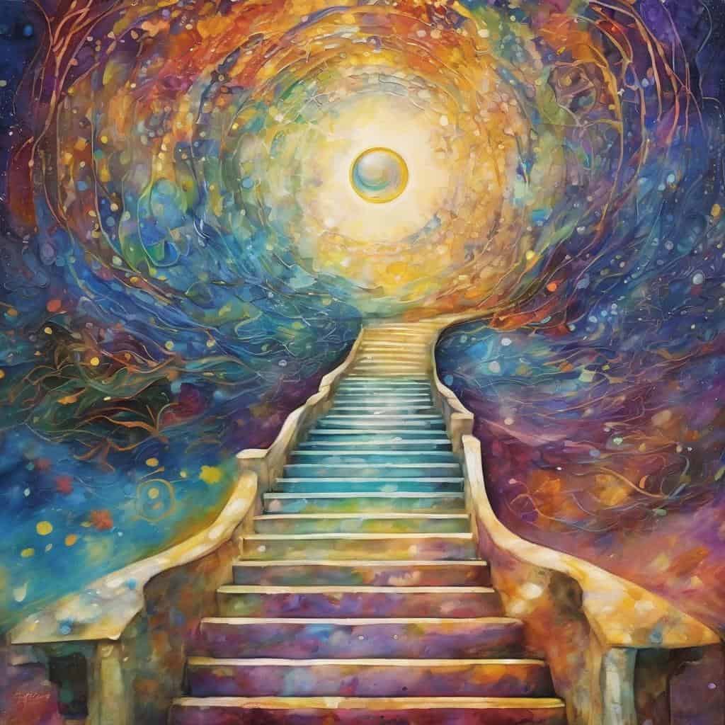 Φωτογραφία με πολύχρωμες στροφές και μονοπάτια προς το φως, συμβολίζοντας τη γνώση και την εξέλιξη.