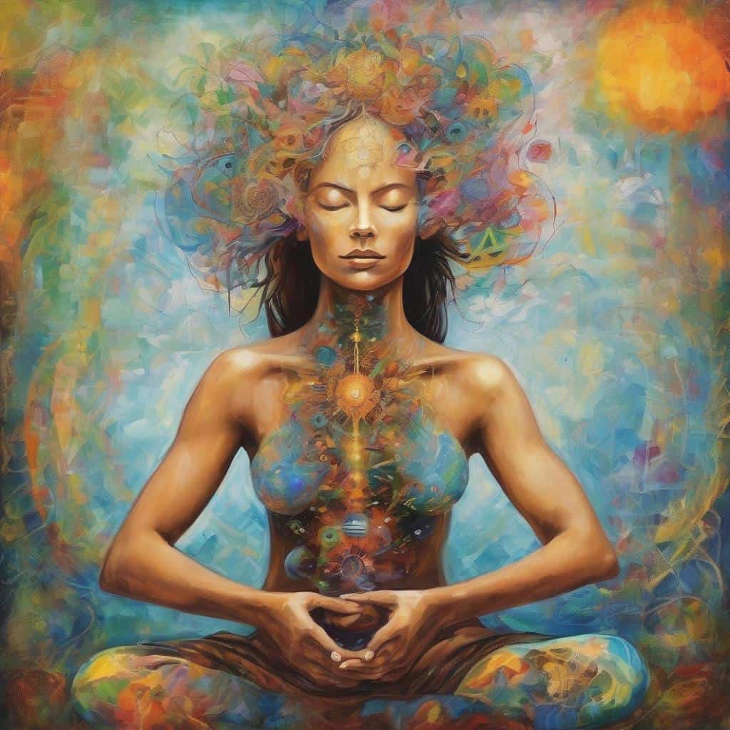Διαλογισμένη γυναίκα με πολύχρωμα ζωγραφικά στοιχεία στο σώμα και το μυαλό, συμβολίζοντας τη δύναμη της γνώσης και της εσωτερικής σοφίας.