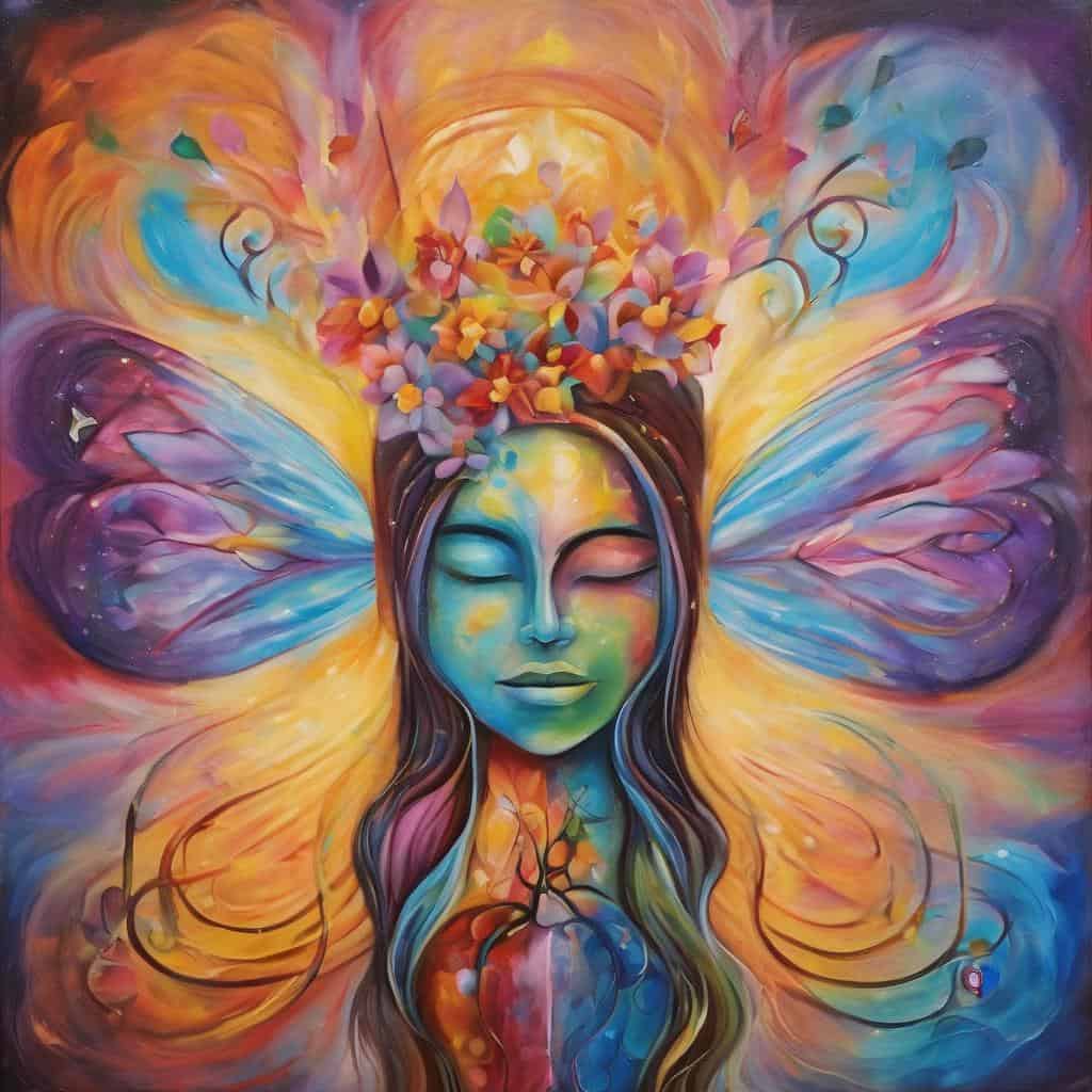 Ζωγραφική Αφύπνιση της γνώσης και της δύναμης με φανταστικά χρώματα και φτερά, σύμβολο εσωτερικής δύναμης και ανάπτυξης.