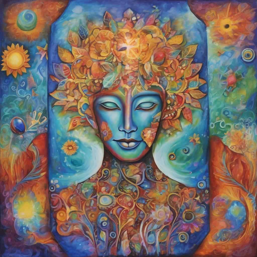 Περιβάλλον τέχνης αφηρημένο πορτρέτο με πολύχρωμο φύλλωμα και διαλογιστική έκφραση σε μυστικιστική ατμόσφαιρα.